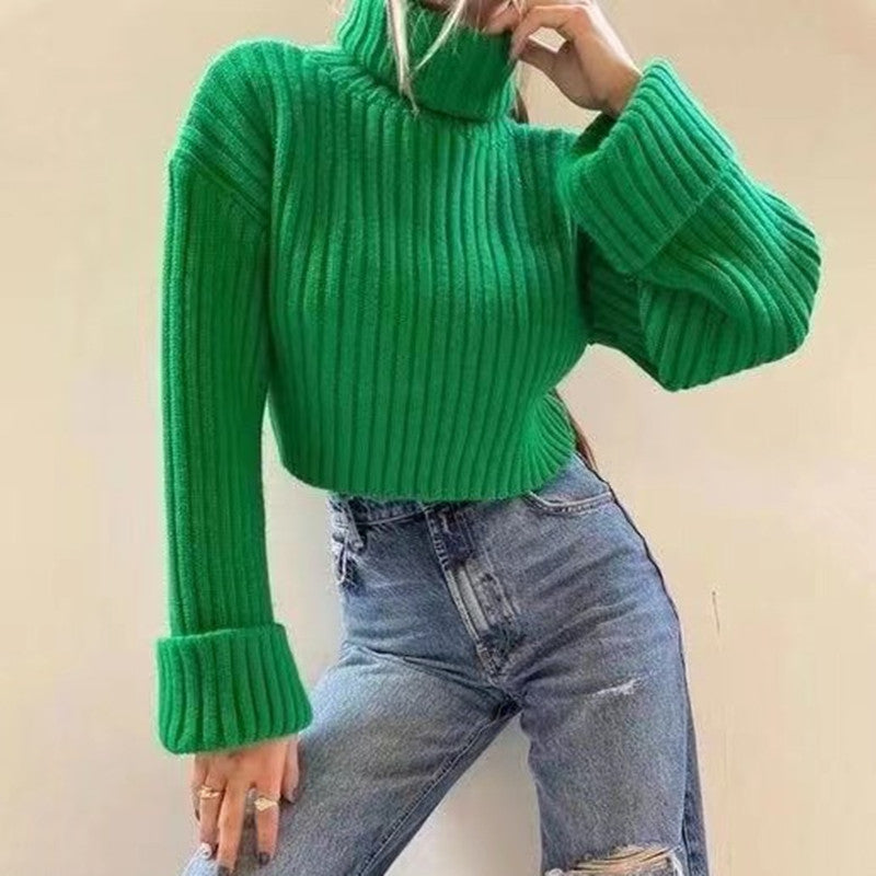 Women's High-Neck Cropped Sweater with Asymmetrical Cut