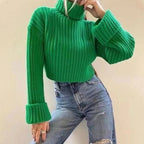 Women's High-Neck Cropped Sweater with Asymmetrical Cut