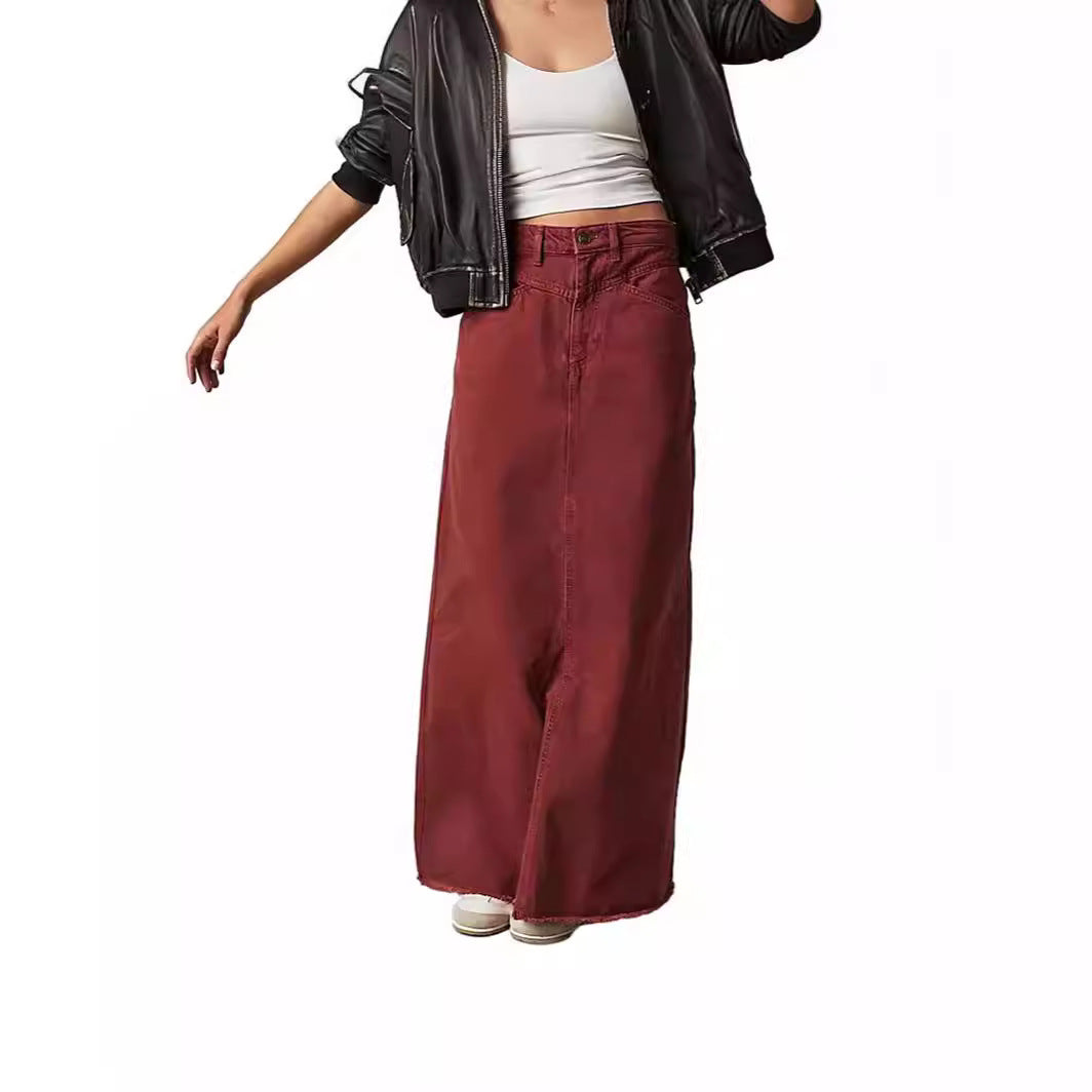 Women's Black Denim Maxi Skirt with Side Pockets and Casual Cut