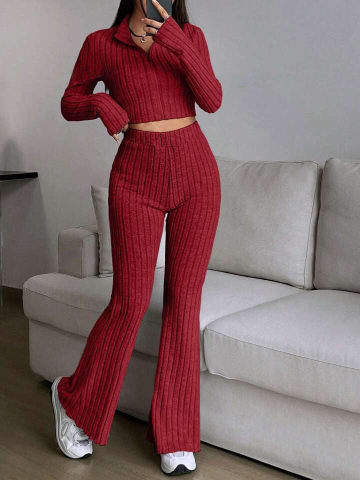 Women's Crop Pullover and Flared Pants Set