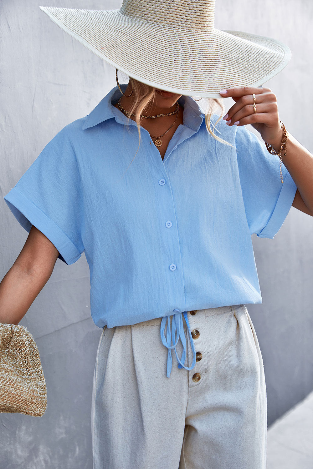 Women's Short-Sleeve Blouse with Waist Tie