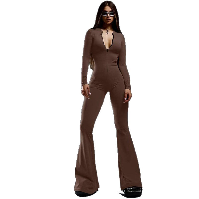 Women's Figure-Hugging Jumpsuit with Deep V-Neck and Flared Legs