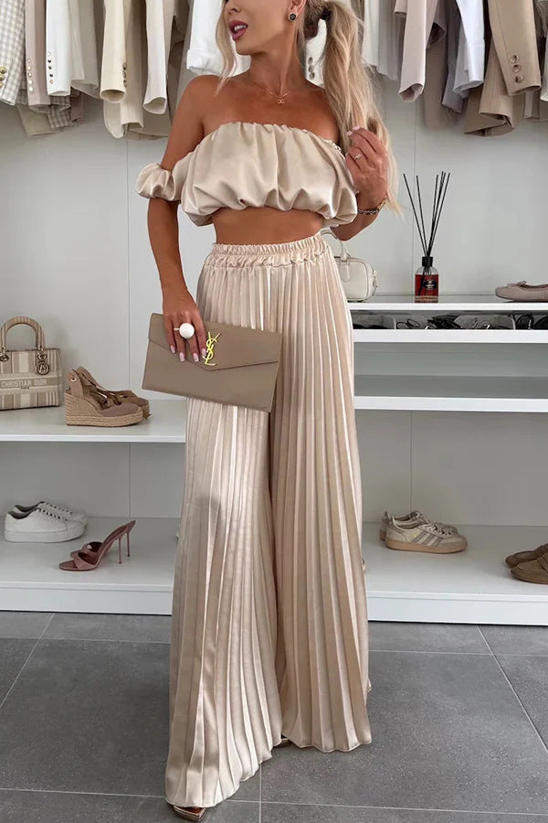 Women's Elegant Set with Flowy Top and Pleated Trousers