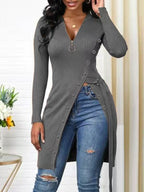 Women's Form-Fitting Wrap Shirt with Button Details and Deep V-Neck