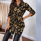 Women's Casual Blouse with Floral Pattern and Waist Tie
