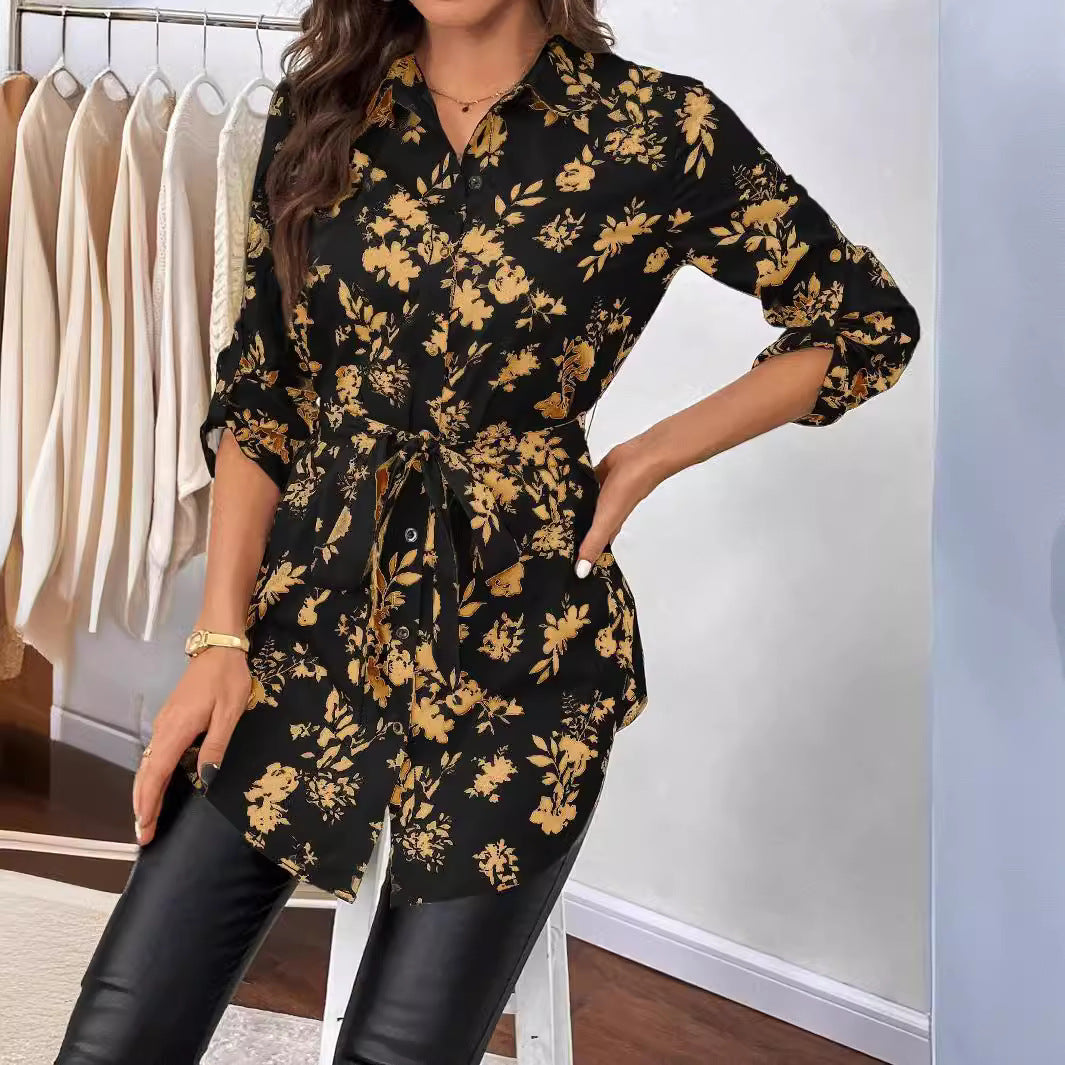 Women's Casual Blouse with Floral Pattern and Waist Tie