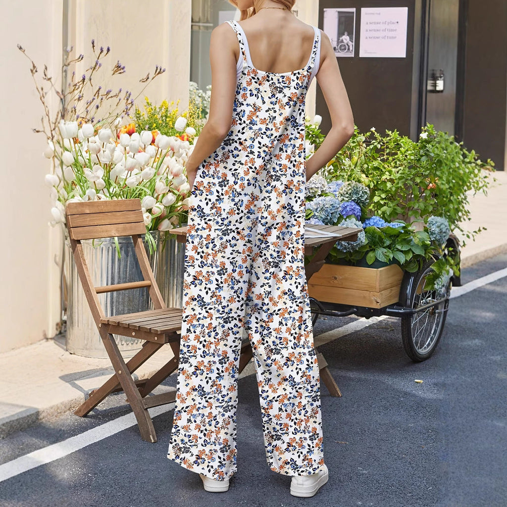 Casual Women's Jumpsuit with Floral Patterns and Pockets