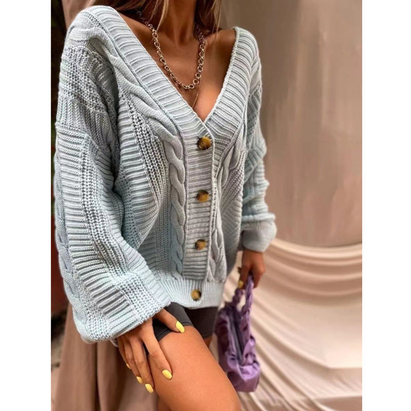 Women's Chunky Knit Cardigan with V-Neck and Button Details