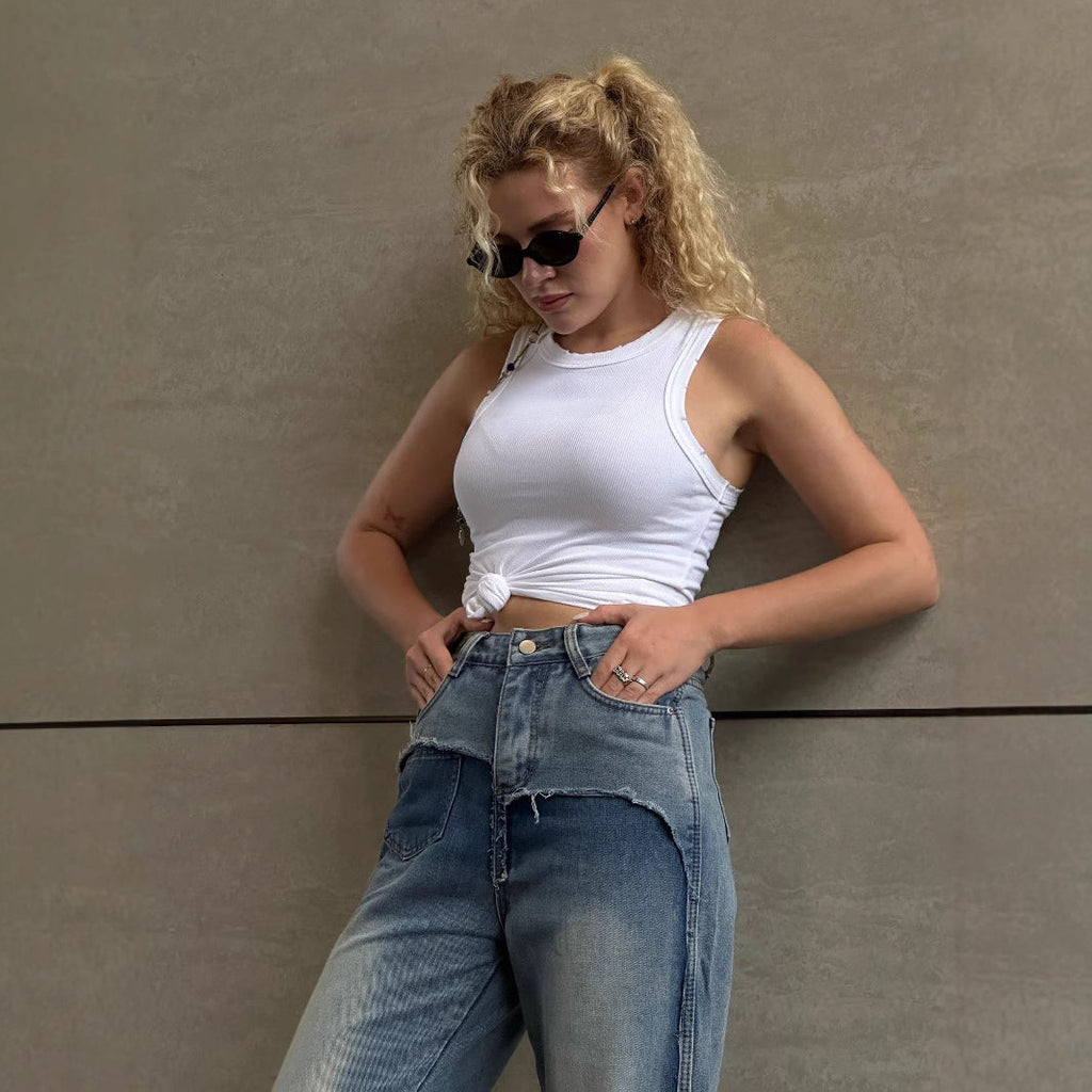 Women's High-Waist Patchwork Denim Jeans