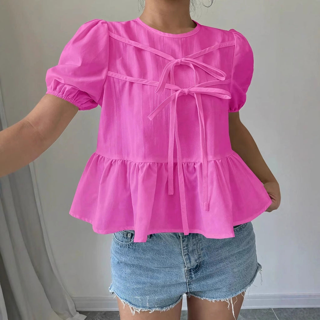 Women's Blouse with Puff Sleeves and Ruffle Design