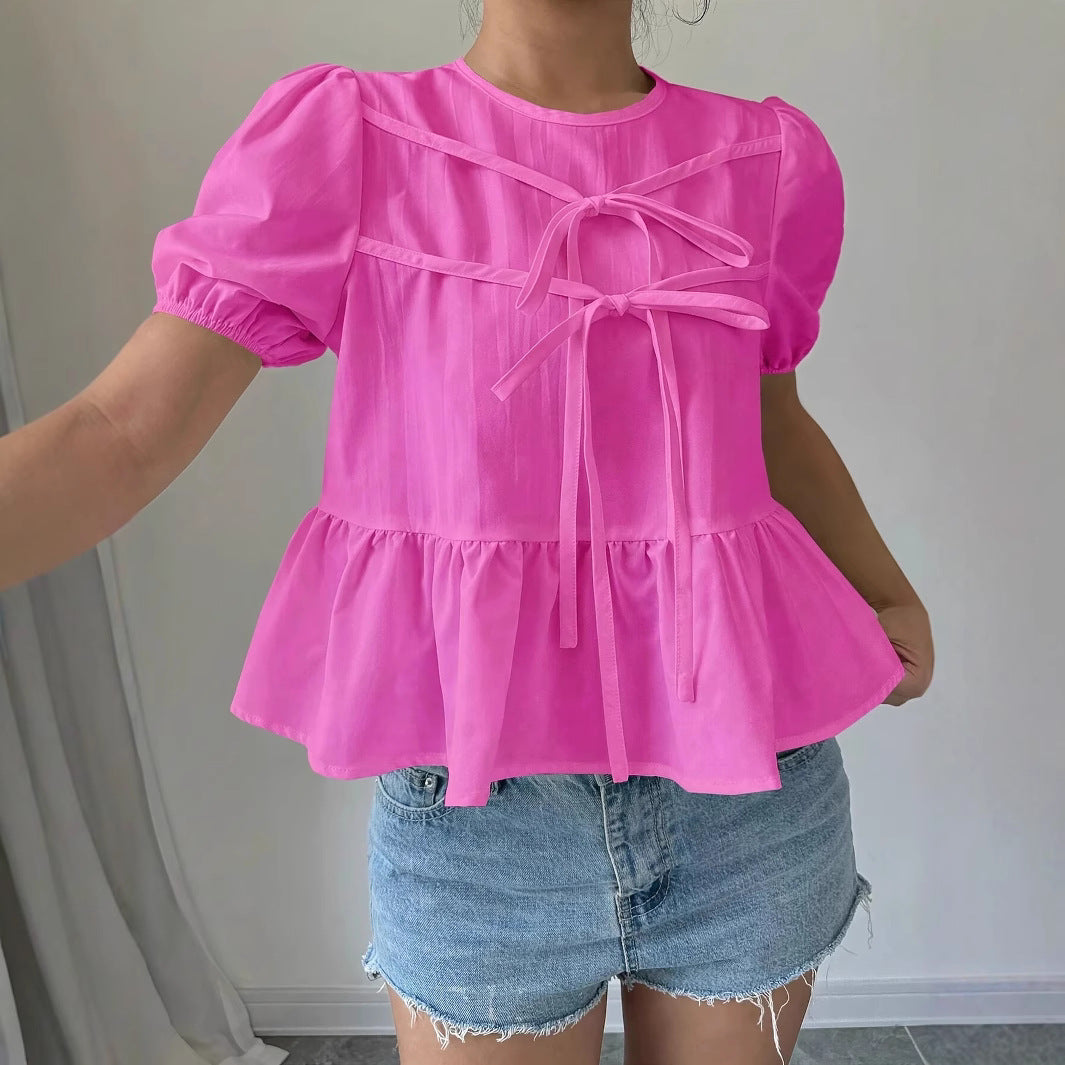 Women's Blouse with Puff Sleeves and Ruffle Design