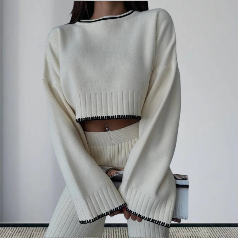 Elegant Knit Suit with Wide-Leg Trousers
