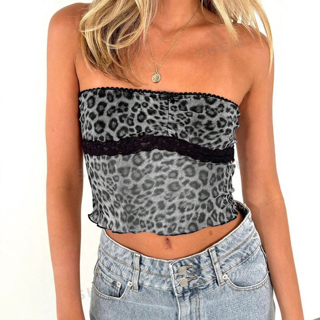 Women's Bandeau Top with Leopard Print and Lace Trim