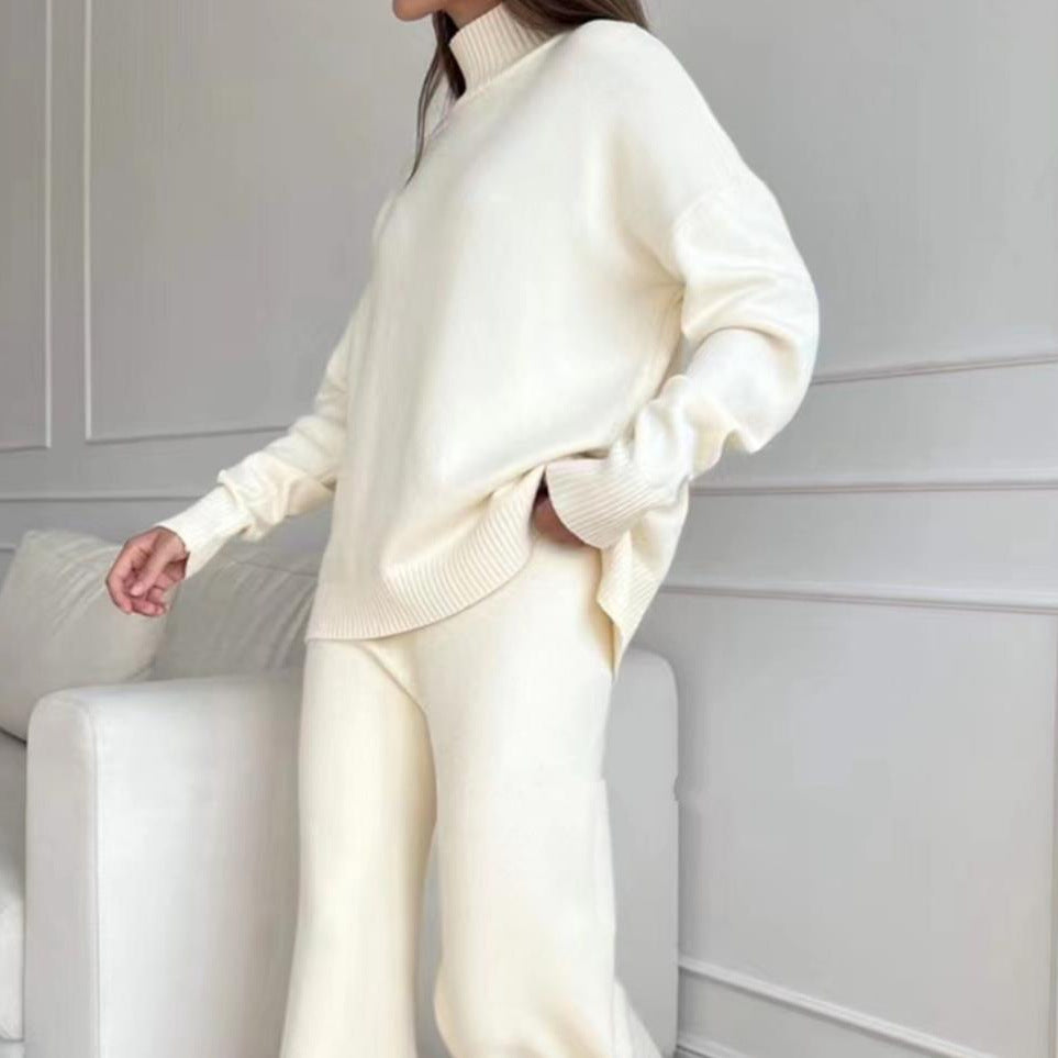 Casual Knit Set with High Collar and Wide Leg