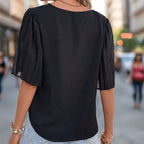 Women's Blouse with Elegant Off-Shoulder Puff Sleeves and V-Neck
