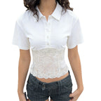 Women's Elegant Short-Sleeve Shirt with Lace Trim