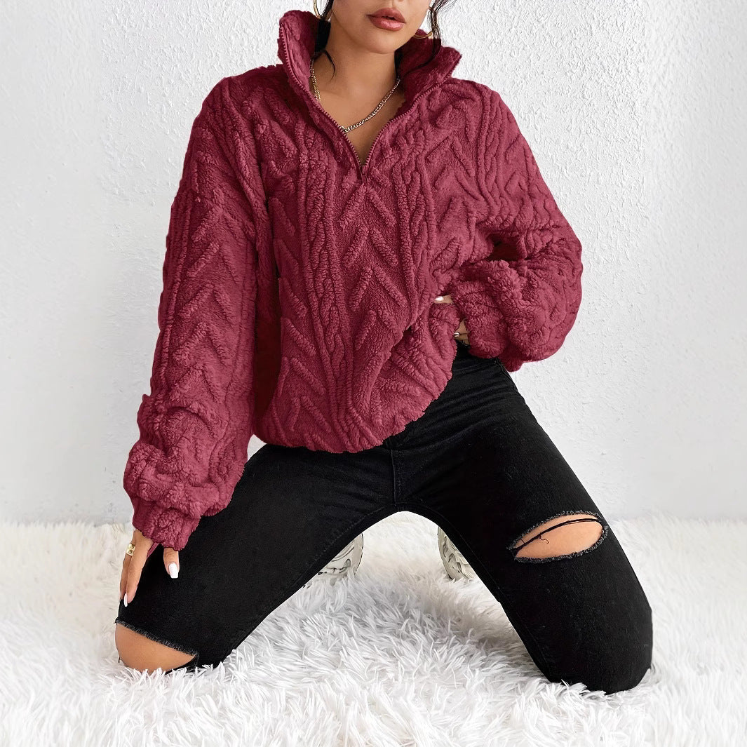Women's Patterned Oversized Fleece Pullover with High Collar