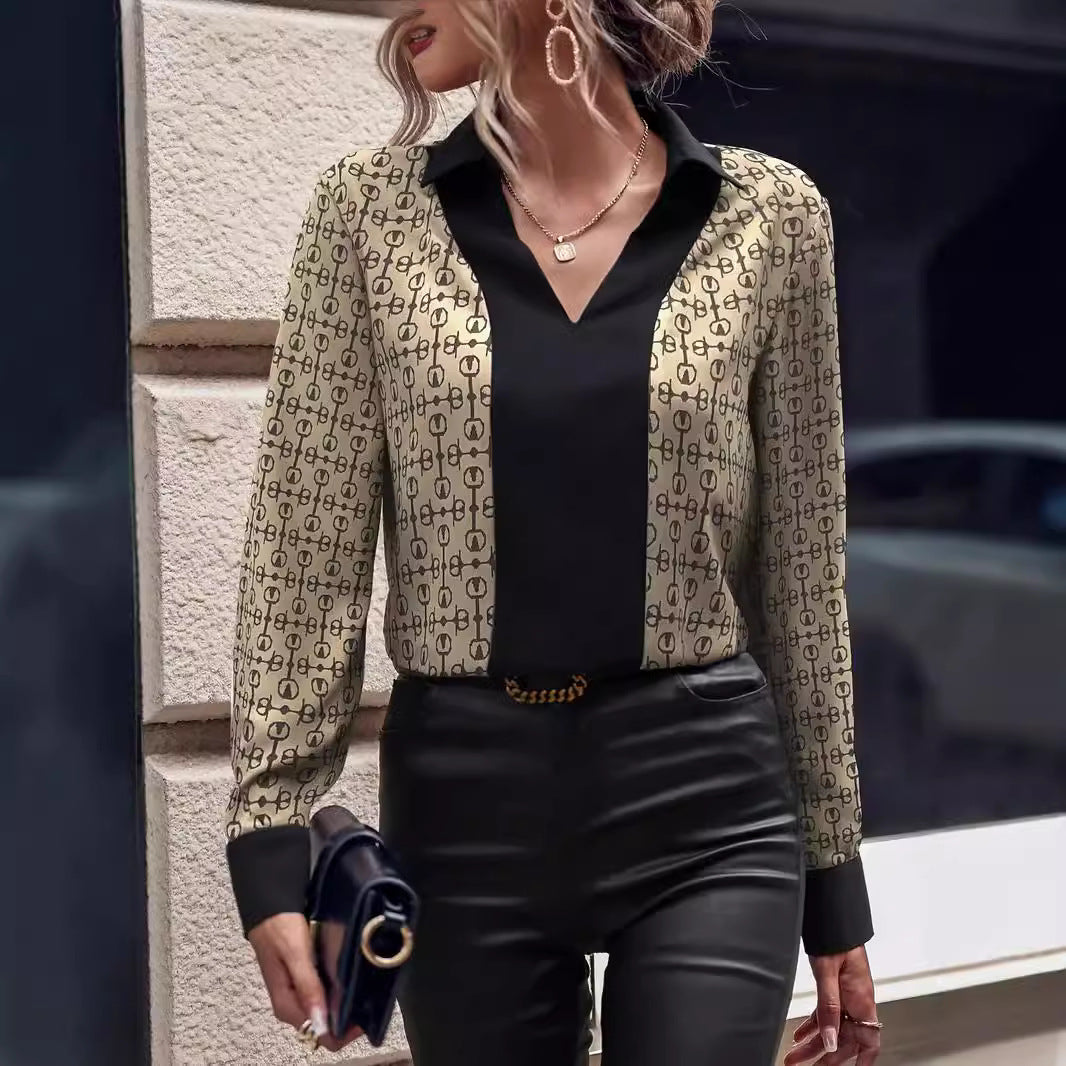 Women's Patterned Blouse with V-Neck