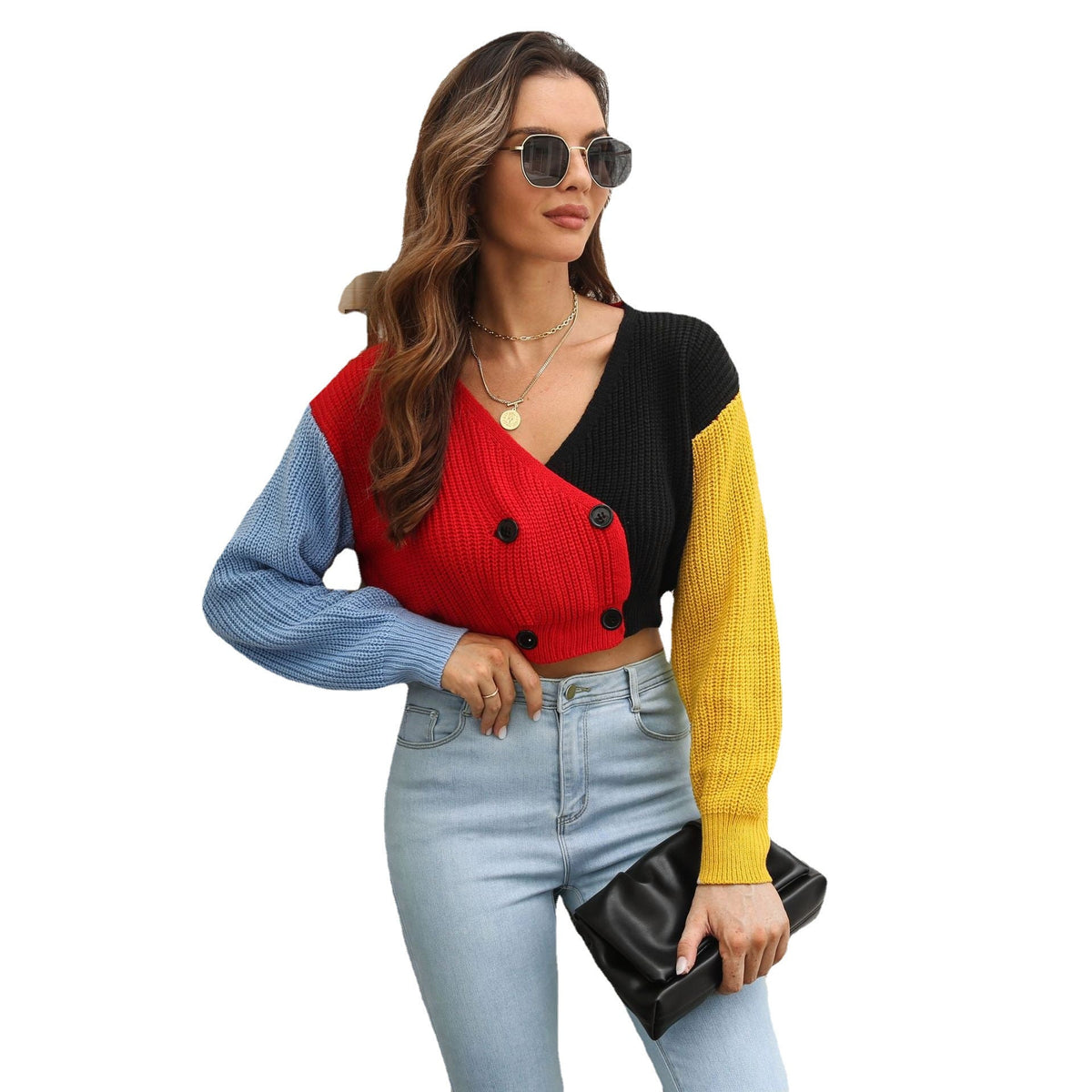 Women's Cropped Cardigan with Color-Block Design