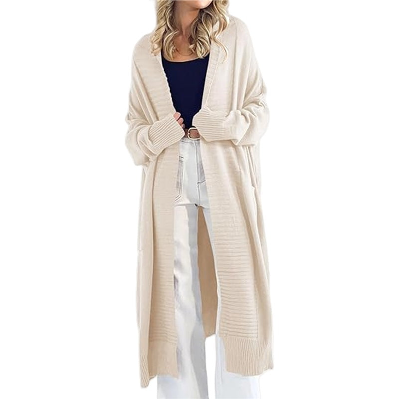 Women's Lightweight Knit Coat with Wide Sleeves and Pockets