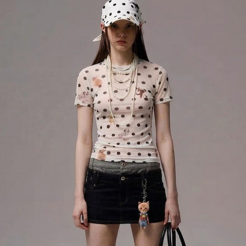 Women's Form-Fitting Polka-Dot T-Shirt with Playful Animal Design