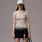 Women's Form-Fitting Polka-Dot T-Shirt with Playful Animal Design