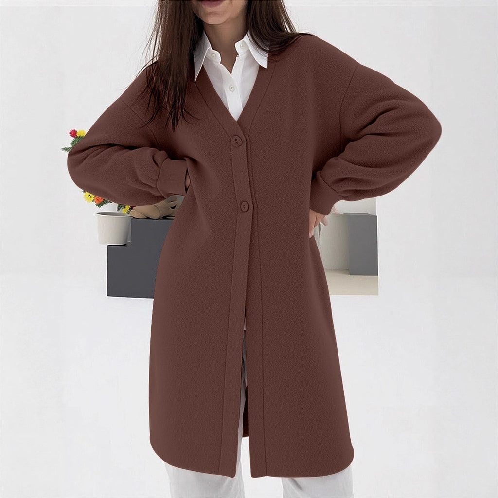 Women's Cozy Knit Cardigan with V-Neck and Button Closure