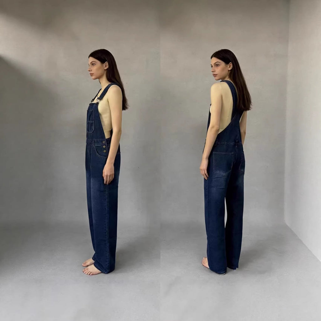 Women's Denim Overalls with Wide Leg and Low Back