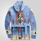 Women's Cozy Knit Coat with Decorative Pattern and Belt