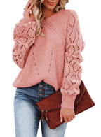 Women's Elegant Knit Sweater with Airy Crochet Texture and Wide Sleeves