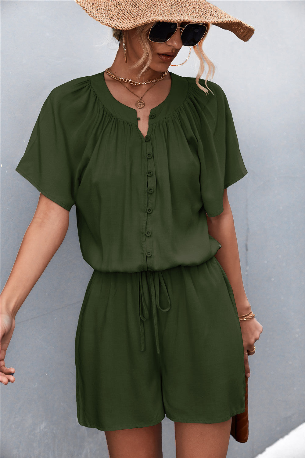 Women's Jumpsuit with Elastic Waist and Button Front