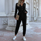 Casual Jumpsuit with Button Placket and Waist Belt
