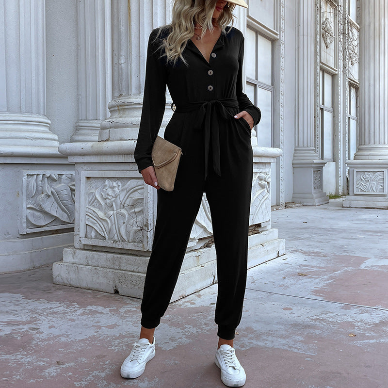 Casual Jumpsuit with Button Placket and Waist Belt