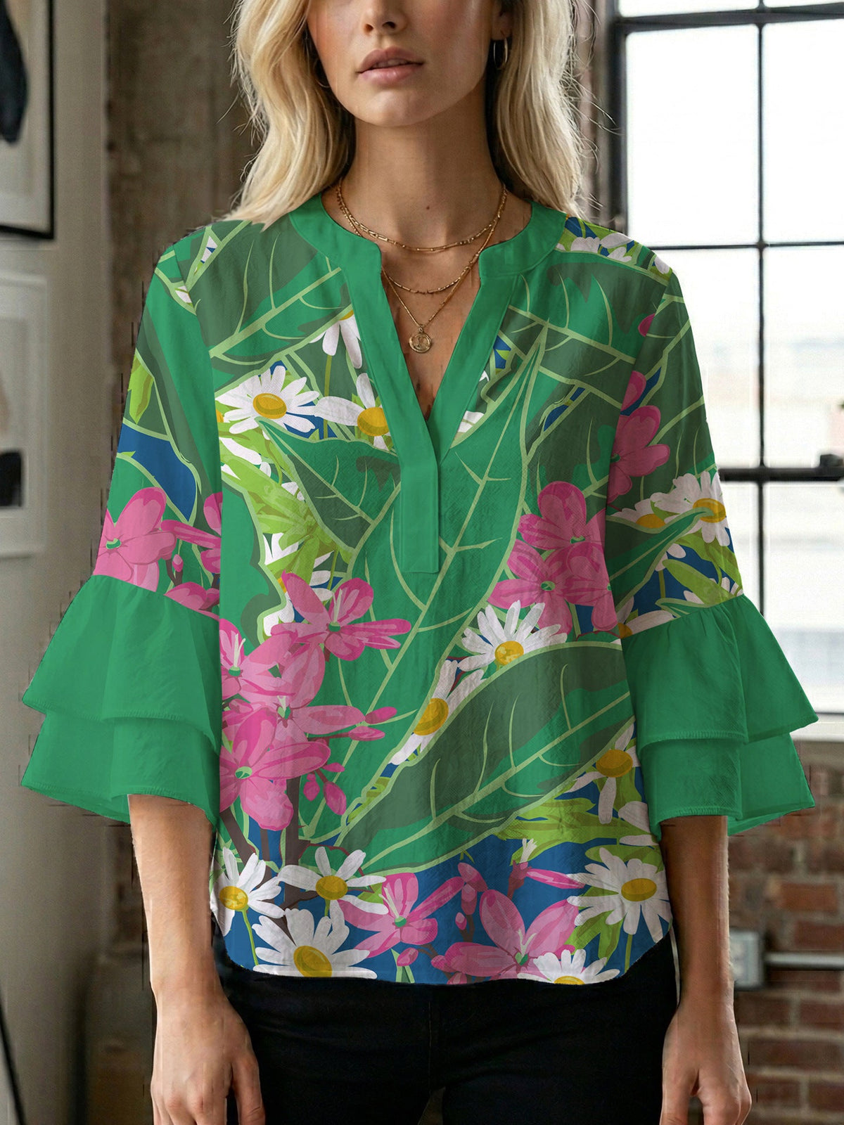 Women's Floral Blouse with Voluminous Sleeves