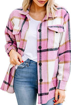 Women's Long-Sleeve Plaid Blouse with Chest Pockets