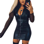 Women's Fitted Faux Leather Mini Jumpsuit with Sheer Sleeves and Zipper