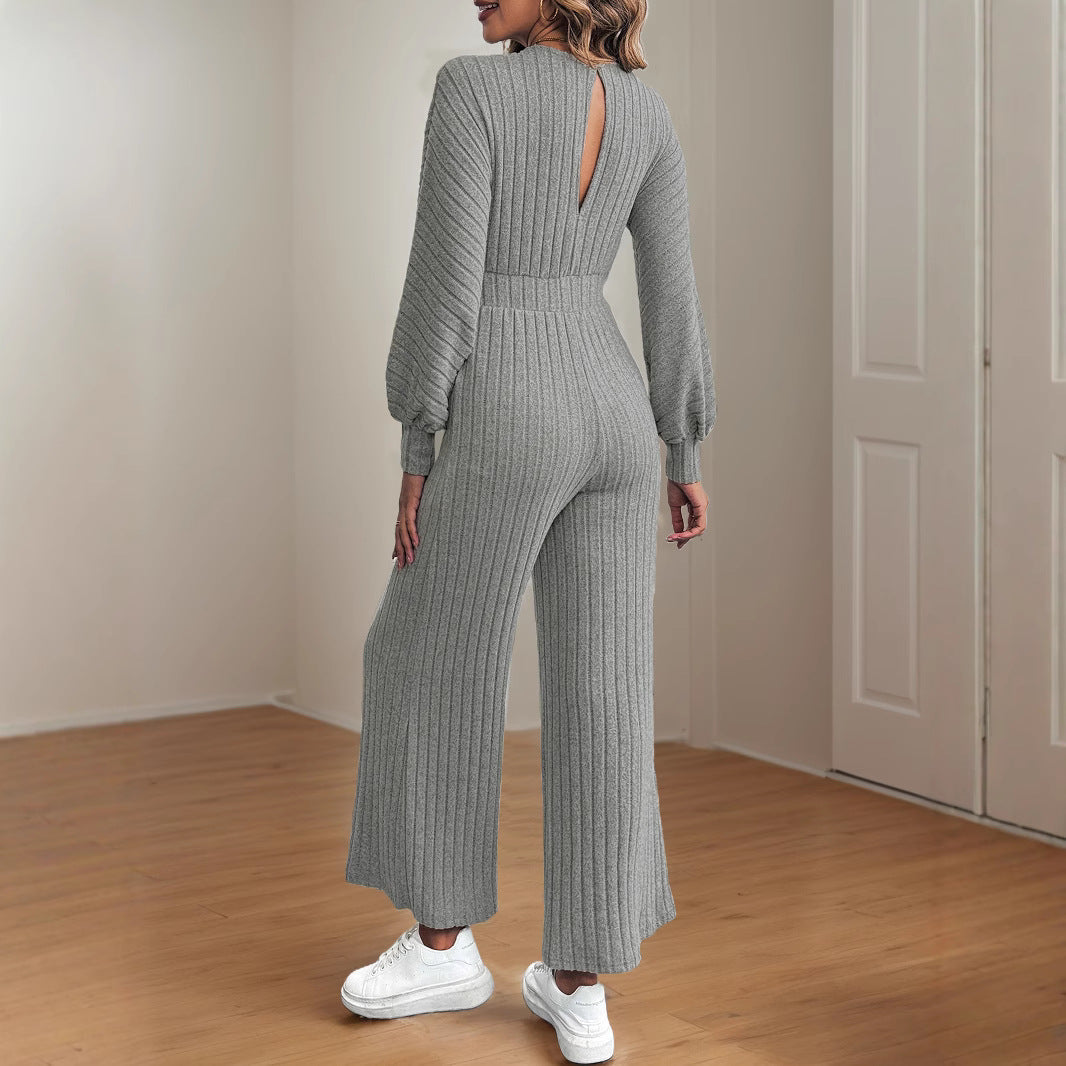 Women's Casual Knit Jumpsuit with Wide Leg and Belt