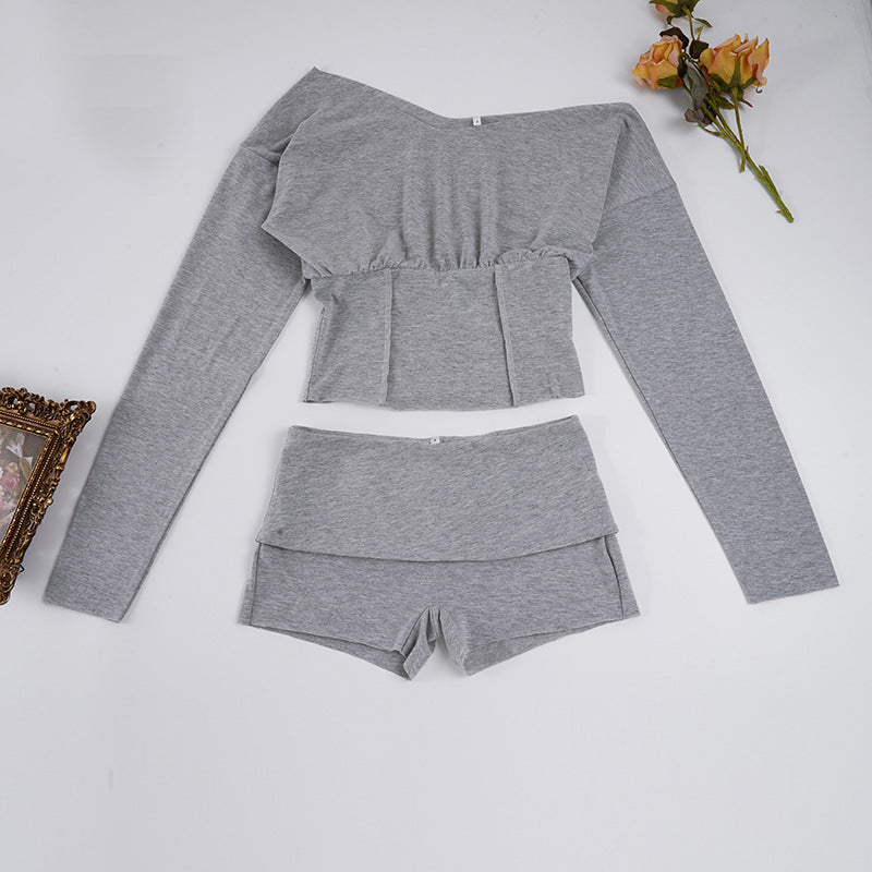Asymmetrical One-Shoulder Lounge Set with Crop Top and Cuffed Shorts