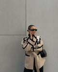 Women's Fashionable Oversized Coat with Belt and Graphic Contrasts