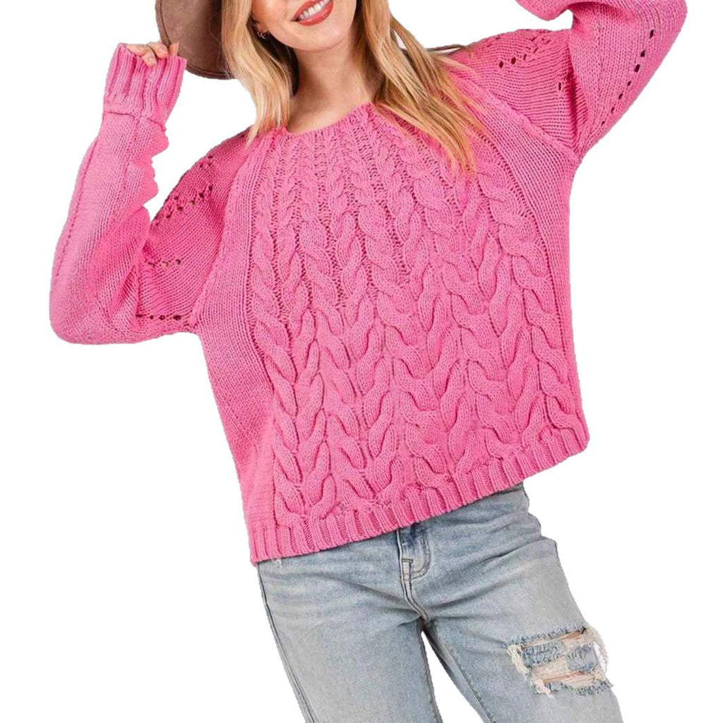 Women's Chunky Knit Sweater with Voluminous Sleeves and Fine Openwork