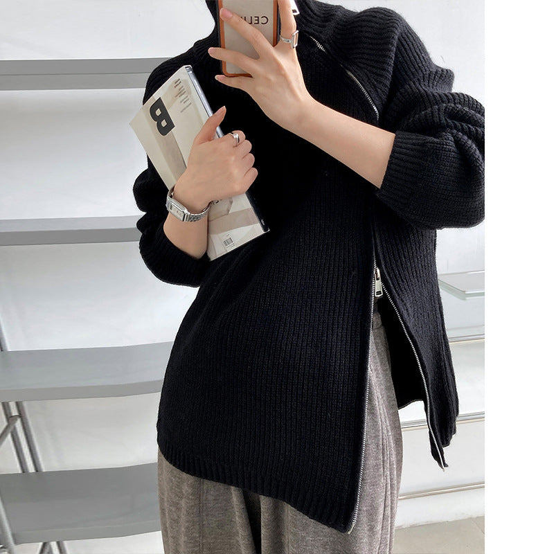 Women's Flair Sweater with Asymmetric Cut and Stand-Up Collar