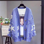Women's Chunky Knit Cardigan with Star Pattern and Deep V-Neck