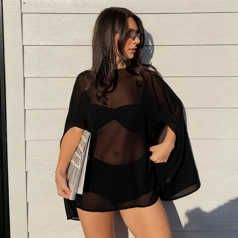 Elegant Sheer Poncho with Macramé Detail