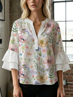 Women's Floral Top with Voluminous Ruffled Sleeves
