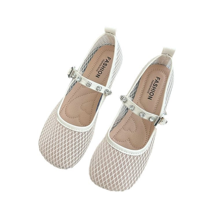 Women's Ballet Flats with Decorative Mesh Design and Sparkling Strap