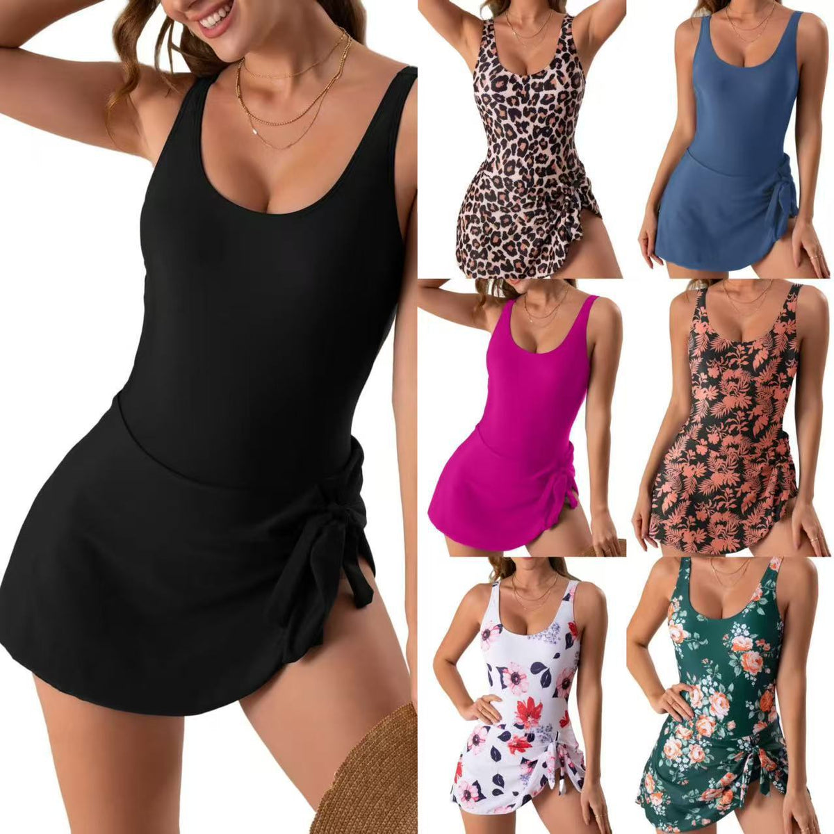 Women's Swim Jumpsuit with Wrap Skirt and Adjustable Knot