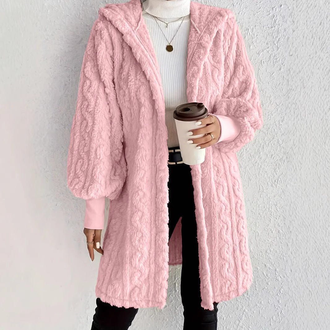 Women's Fluffy Oversized Cardigan with Hood and Pockets