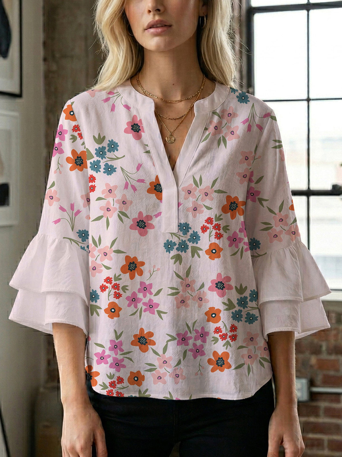 Women's Blouse with Voluminous Flutter Sleeves and Leaf Print