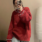 Elegant Sweater with Pearl Design and Relaxed Fit