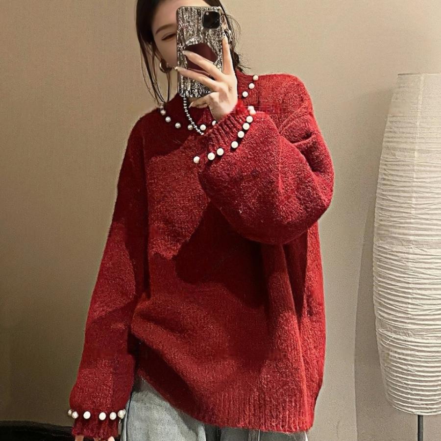 Elegant Sweater with Pearl Design and Relaxed Fit